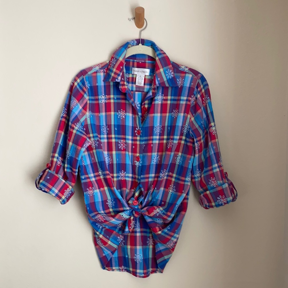 Vintage 90s Button Down Eyelet Plaid Long Sleeve Top with Button Tabs, Small